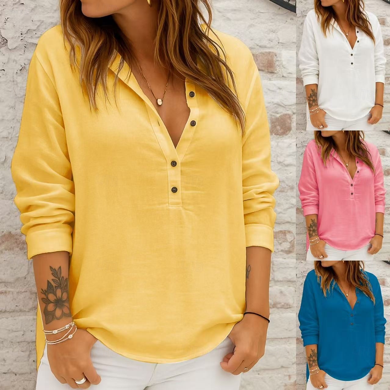 Damen Bluse Einfarbig Einfach Elegant Stilvoll Lässig Langarm V Ausschnitt Normale Oberteile Täglich Ferien Weiß Gelb Rosa Blau Frühling Herbst 2025 - $25.99 –P5