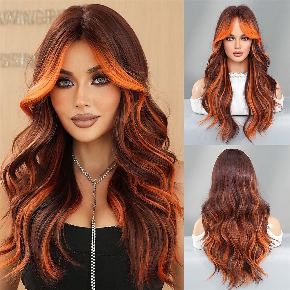 Perruque synthétique longue ondulée à reflets noirs et rouges avec frange rideau de 26 pouces, résistante à la chaleur et aux racines foncées, pour femme, idéale pour Halloween, cosplay ou fête. de 2025 ? $26.99 –P4