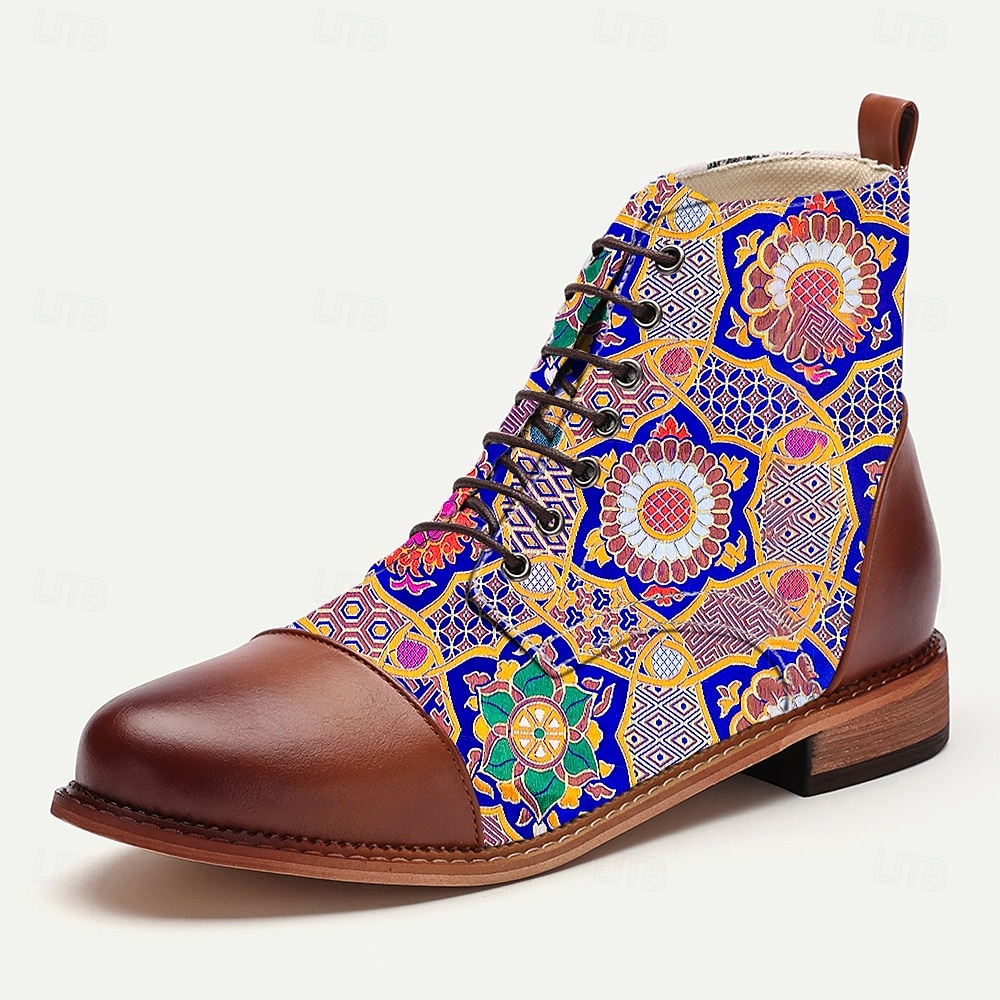 Botas masculinas coloridas de tecido jacquard com cadarço e mandala – botins de estilo étnico artístico para viagens, looks casuais e eventos culturais de 2025 por $54.99 –P1
