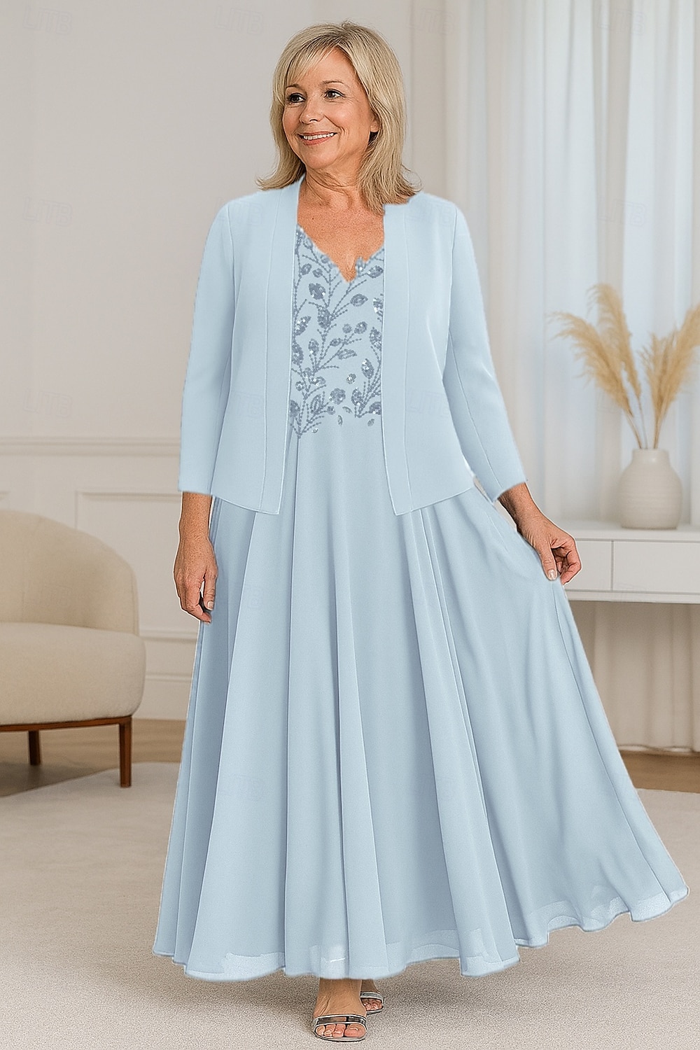 zweiteiliges A-Linien-Kleid mit Perlenspitze für die Mutter der Braut, elegant, schlicht, luxuriös, V-Ausschnitt, bodenlang, Maxilänge, Chiffon, kurze Ärmel, mit Stretch-Krêpe-Jacke 2025 2025 - $155.99 –P6