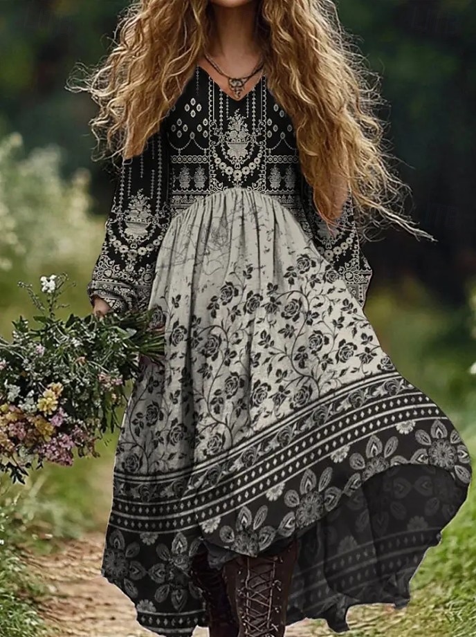Per donna Abito maxi Abito a trapezio Vacanza Casual Boho Uscire Spiaggia Vestibilità comoda Floreale Grafico Paisley Manica Lunga Scollo a V Verde scuro Nero Vino Rosso Estate Primavera Autunno del 2025 a $35.99 –P1