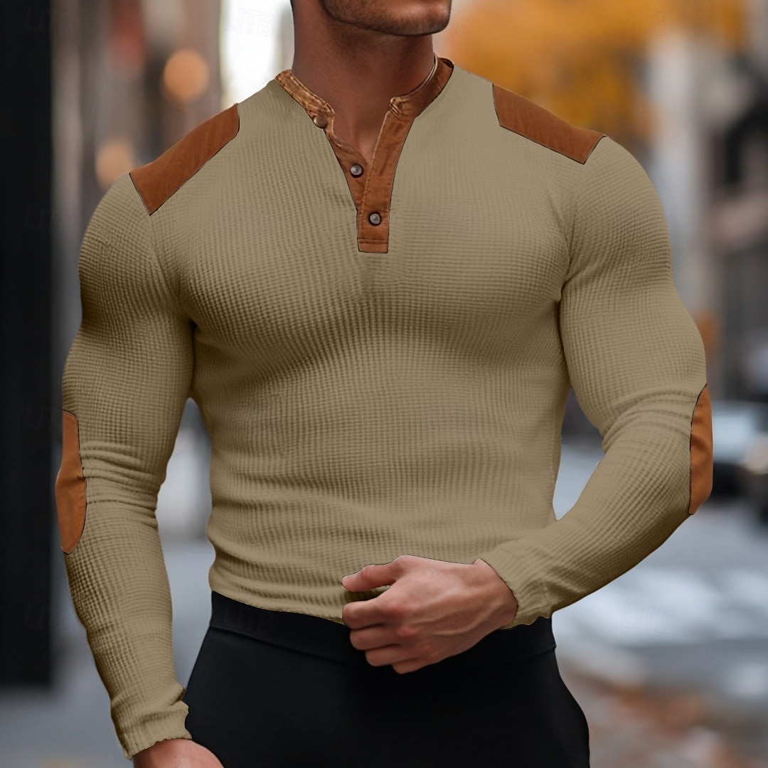 Herren Waffel-T-Shirt Langarm V Ausschnitt Sommer Frühling Herbst Einfach Basic Modern Lässig Patchwork Knöpfe Basic Heim Straße Lässig Schwarz Weiß Marineblau Top T-Shirt für Herren 2025 - $19.99 –P5