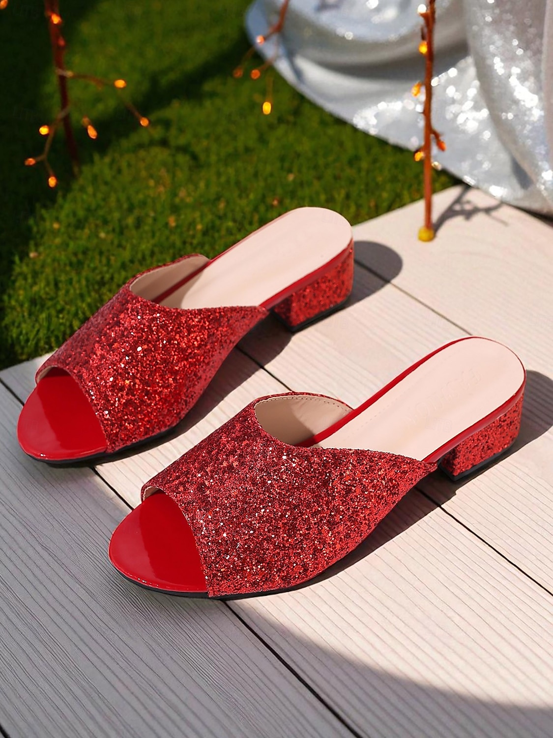 Naisten ruusukullanväriset glitterillä varustetut avokärkiset muulit nilkkaremmillä - elegantit lohkokorkosandaalit yöelämän juhliin ja iltatilaisuuksiin 2025 - $29.99 –P4