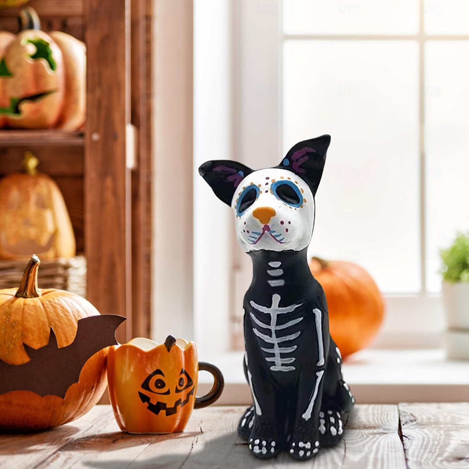 Socha psa na Den mrtvých, halloweenské cukrové lebky, socha zvířat z pryskyřice, ozdoba 2025 - $12.49 –P2