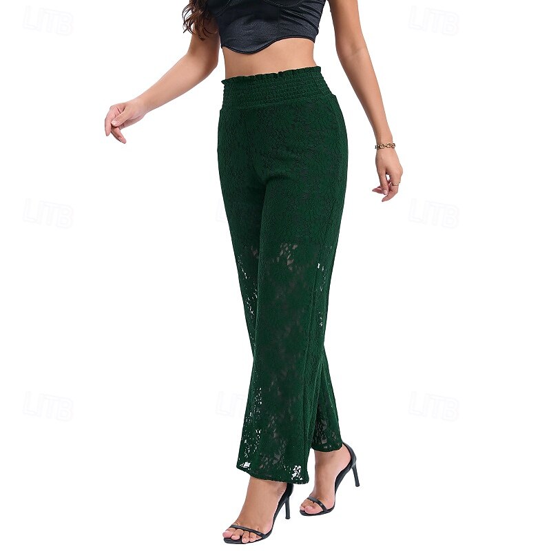Femmes Jambe large Slacks Streetwear Occasionnel Longueur complète Naturel Uni Dentelle Patchwork Taille Élastique Confortable Fête Sortir Vert translucide Noir Blanche Bleu de minuit Automne Coupe de 2025 ? $16.99 –P18