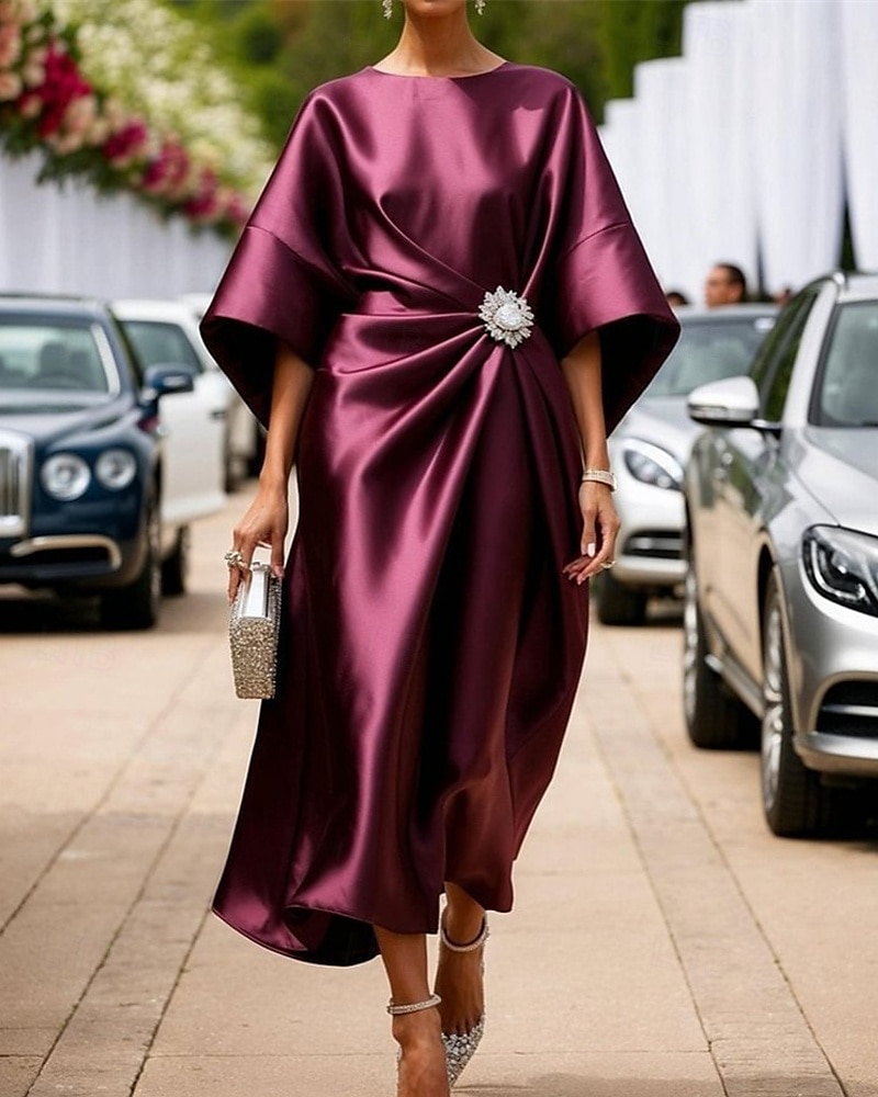 Femmes Robe Midi Robe en Satin Robe Semi-Formelle Élégant Mode Moderne Quotidien Date Week-end Coupe régulière Uni Demi Manches Col ras du cou Rose Claire Vin bleu marine Vert Printemps Automne de 2025 ? $28.99 –P4