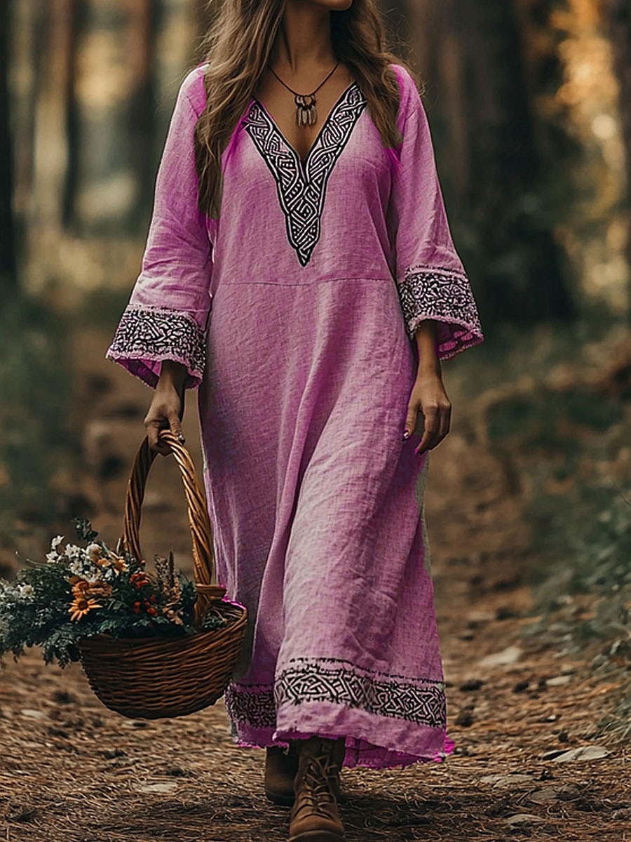 Damen Maxikleid A Linie Kleid Urlaub Lässig Boho Strand Normale Passform Grafik Geometrisch Langarm V Ausschnitt Rosa Blau Purpur Grün Sommer Frühling Herbst 2025 - $35.99 –P5