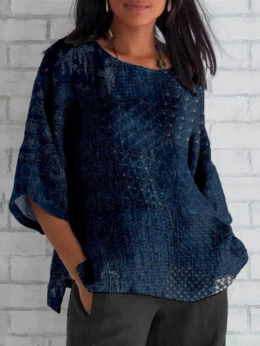 Dames Overhemd Afdrukken Kleurenblok Vintage Dagelijks Casual 3/4 mouw Strakke ronde hals Normale tops Dagelijks Feestdagen Zwart Marineblauw Zomer Lente Herfst 2026 - $34.99 –P2