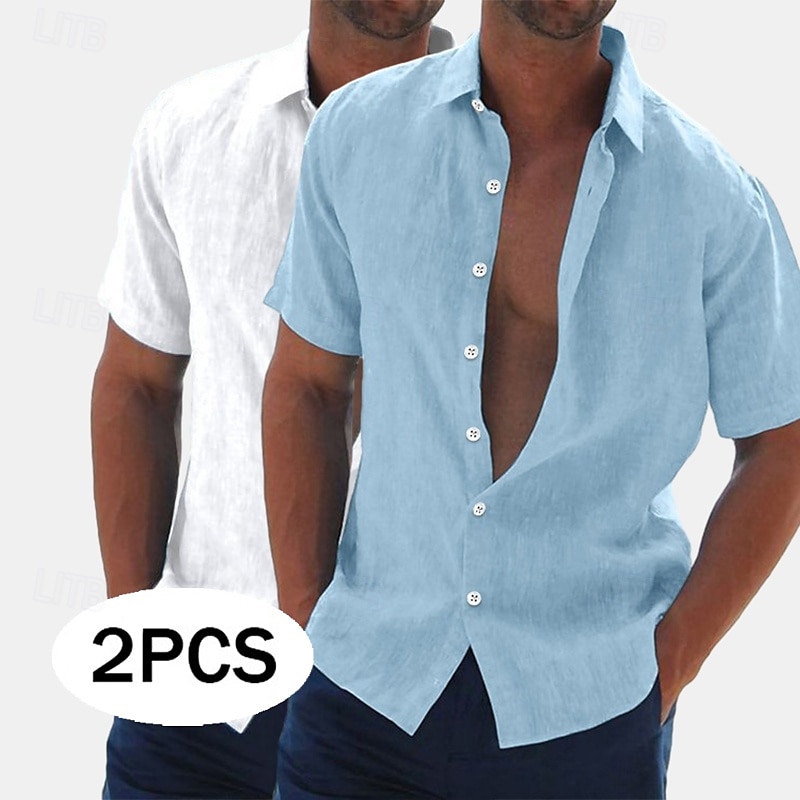 Herren Leinenhemd Sommerhemd Strandbekleidung Knopfhemd Hemden zum Herausstecken Einfarbig Urlaub Kreuzfahrt Grün + grau Weiß + Khaki Khaki + Schwarz Grün+Khaki Kurzarm Umlegekragen Sommer Bekleidung 2025 - $27.99 –P1