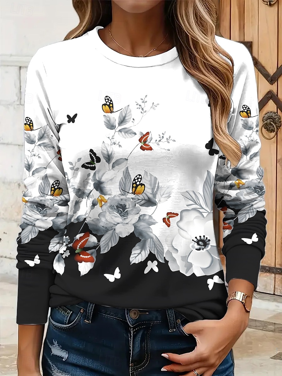 Per donna Maglietta Floreale Grafico Farfalla Vintage Elegante Classico Manica Lunga Girocollo Top Regolari Quotidiano Stampato Giallo Rosso Blu Viola Verde Estate Primavera Autunno del 2025 a $22.99 –P5