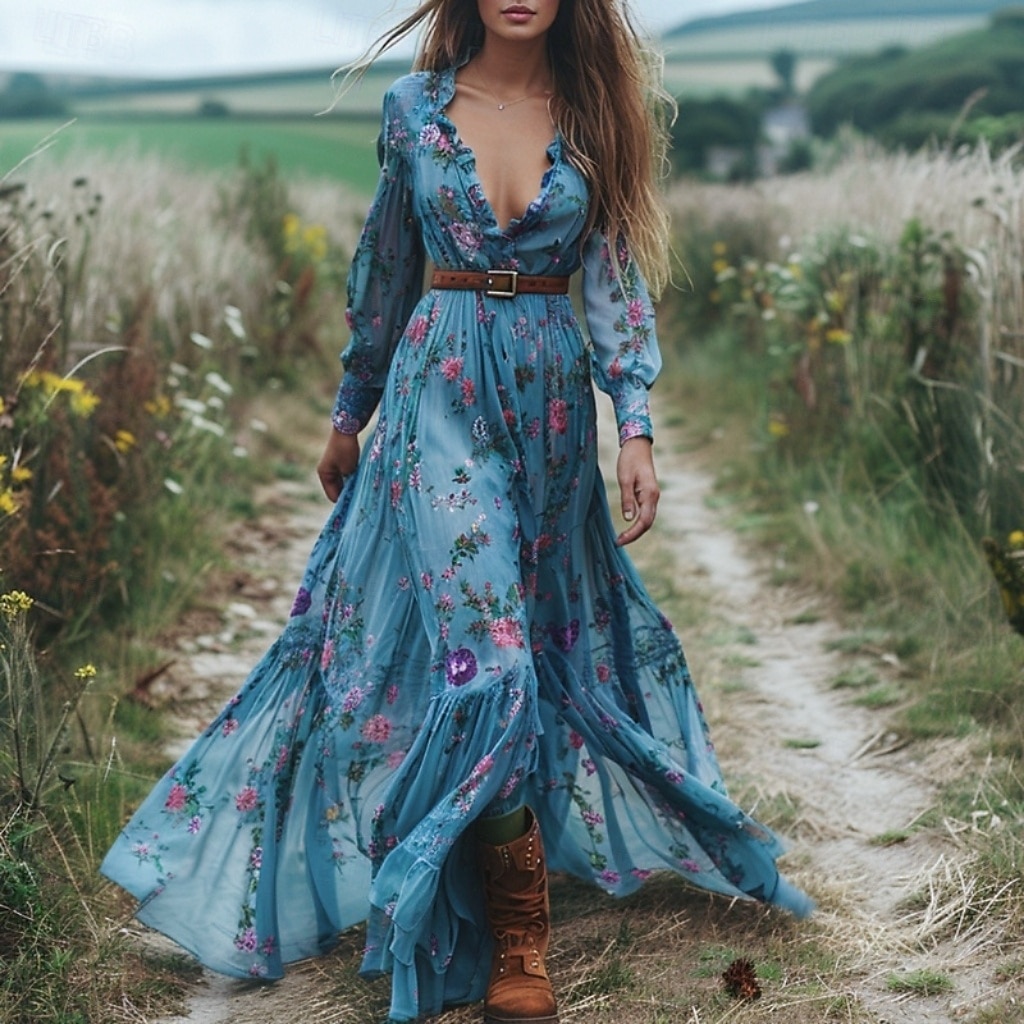 Dame Lang kjole Maxikjole Floral kjole Boho-kjole Western kjole Elegant Mote Moderne utendørs Feriereise Daglig Normal Blomsternål i krystall Langermet V-hals Blå Sommer 2025 - $36.99 –P1