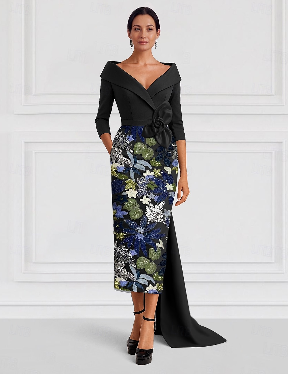 Rochie de seară A-line Negru Elegantă Rochie Formală Nuntă Lungime până la podea Mâneci jumătate Guler cămașă Satin cu Fisura Broderie 2025 - $169.99 –P3