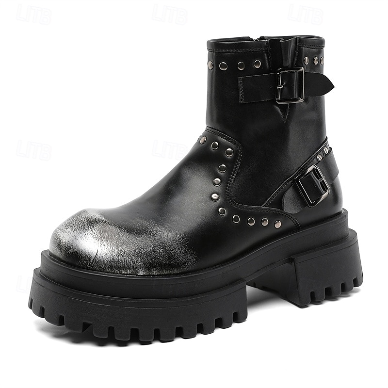 Bottines noires à boucle épaisse pour homme – Bottes de combat à plateforme punk rock pour la mode gothique et le streetwear d'automne de 2025 ? $94.99 –P1