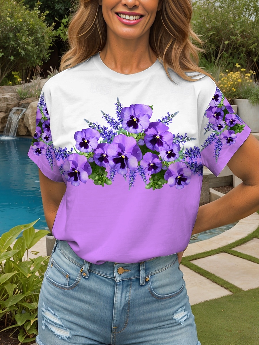 Femmes T-shirt Fleuri Graphique ancien Élégant Classique Manche Courte Col ras du cou Col rond Hauts Réguliers Quotidien Sortir Week-end Imprimé Noir et blanc Jaune Rose Claire Bleu Violet Ét de 2025 ? $19.99 –P1