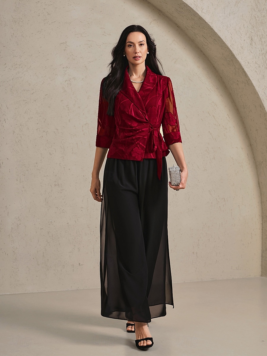 Dames Overhemd Blouse Bloemig Elegant Stijlvol 3/4 mouw V-hals Normale tops Werk Dagelijks strik voorkant Geklede tuniek Asymmetrisch Wijn Zomer Lente Herfst 2025 - $59.99 –P3