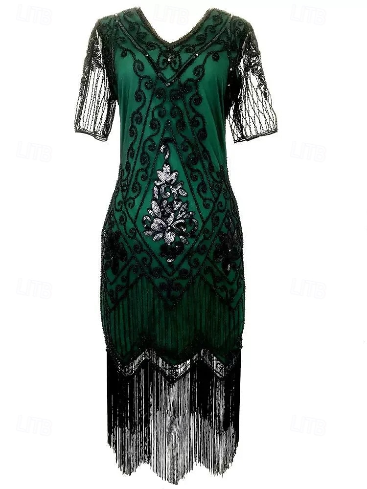 Anni Ruggenti Anni 1920 Lunghezza al ginocchio Vestito Abito Flapper Abito da Ballo Maniche corte Il grande Gatsby Charleston Invitato al matrimonio Paillettes Frangia con nappe Scollo a V Costume del 2026 a $34.99 –P6