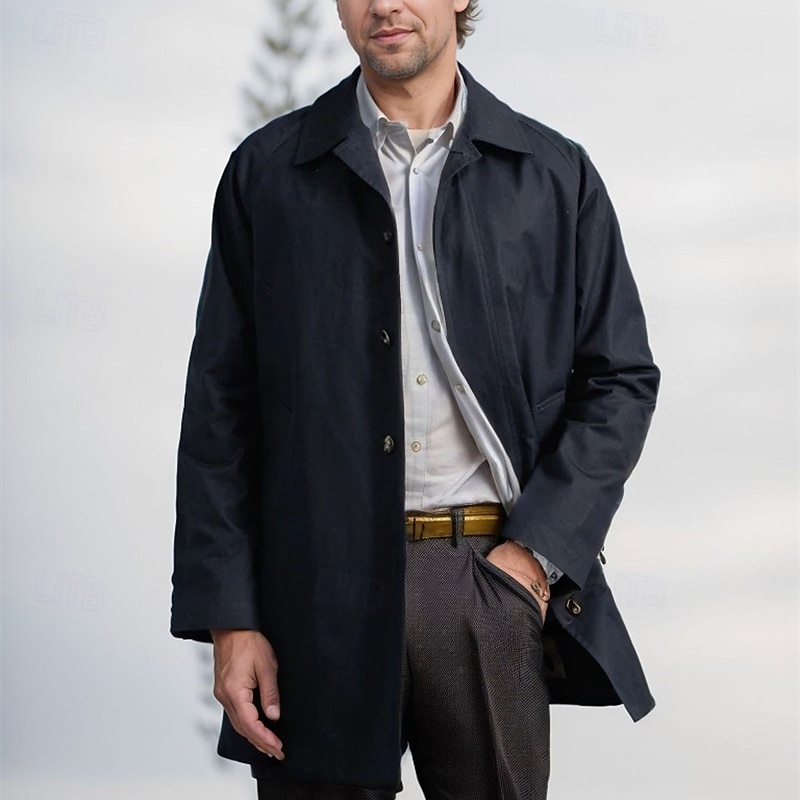 Men's Overcoat Trench Coat Long Trench Coat Vacation Daily Fall Winter Polyester Windproof Soft Outerwear Clothing Apparel Fashion Classic Plain Pocket Lapel Single Breasted 2025 - $48.99 –P7