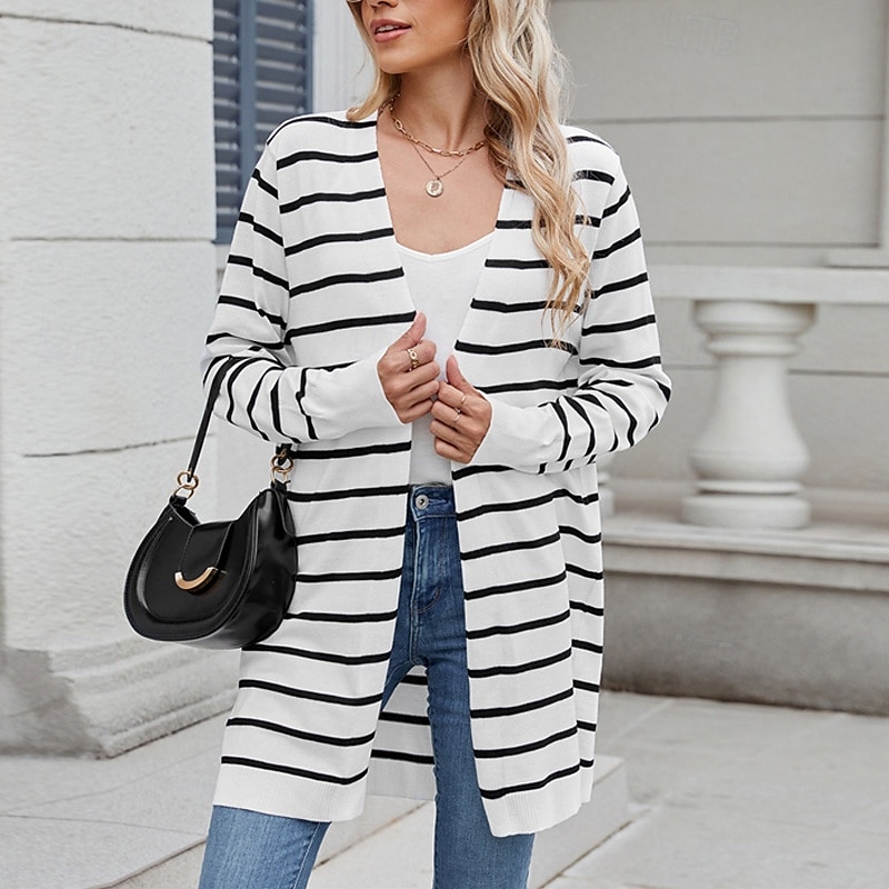 Femmes Pull Cardigan Mode Streetwear Quotidien Rayé Côtelé Ouvert devant Tricoté manche longue Hauts Longs Tricoter Fête Sortir Week-end Blanc / Noir Noir Automne Hiver de 2025 ? $28.99 –P6