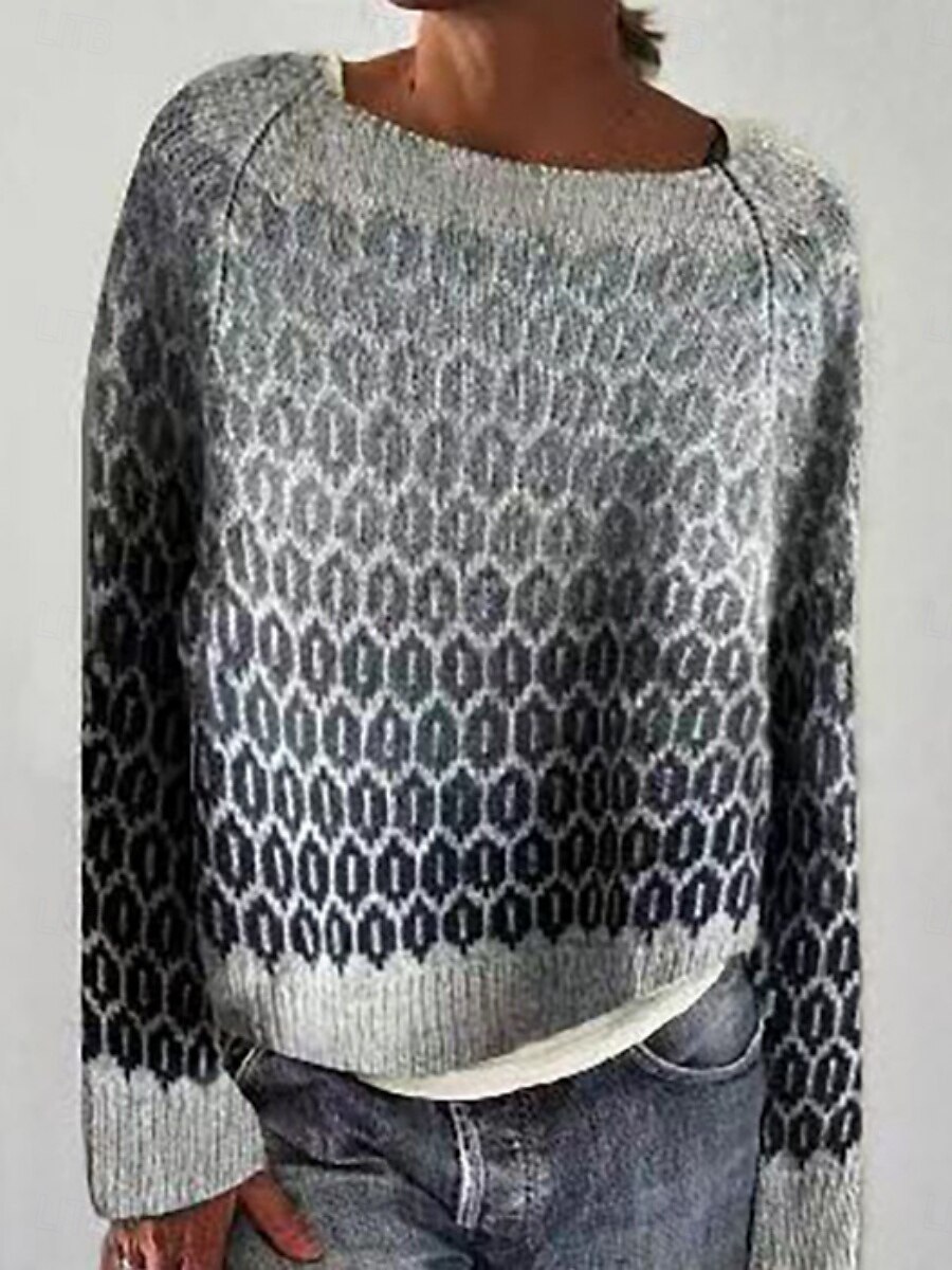 Damen Pullover Lässig Weich Grafik Geometrisch Gerippt Rundhalsausschnitt Gestrickt Druck Langarm Normale Oberteile Stricken Outdoor Täglich Wochenende Gelb Blau Herbst Winter 2025 - $53.99 –P3