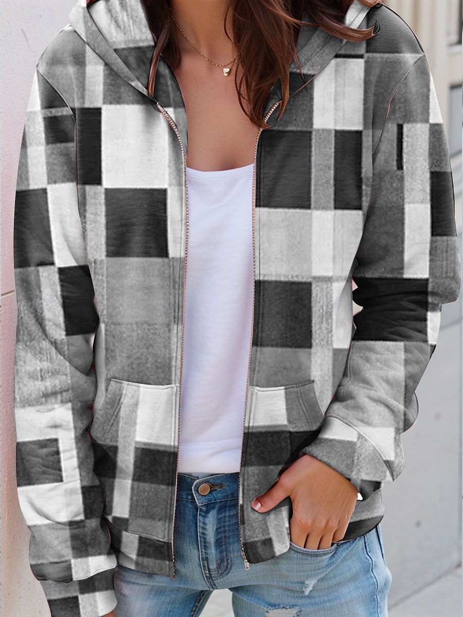 Veste à fermeture éclair pour femmes graphique à carreaux mode décontractée à manches longues à capuche tops réguliers vêtements de rue port quotidien poche impression blanc bleu violet orange vert de 2025 ? $27.99 –P3
