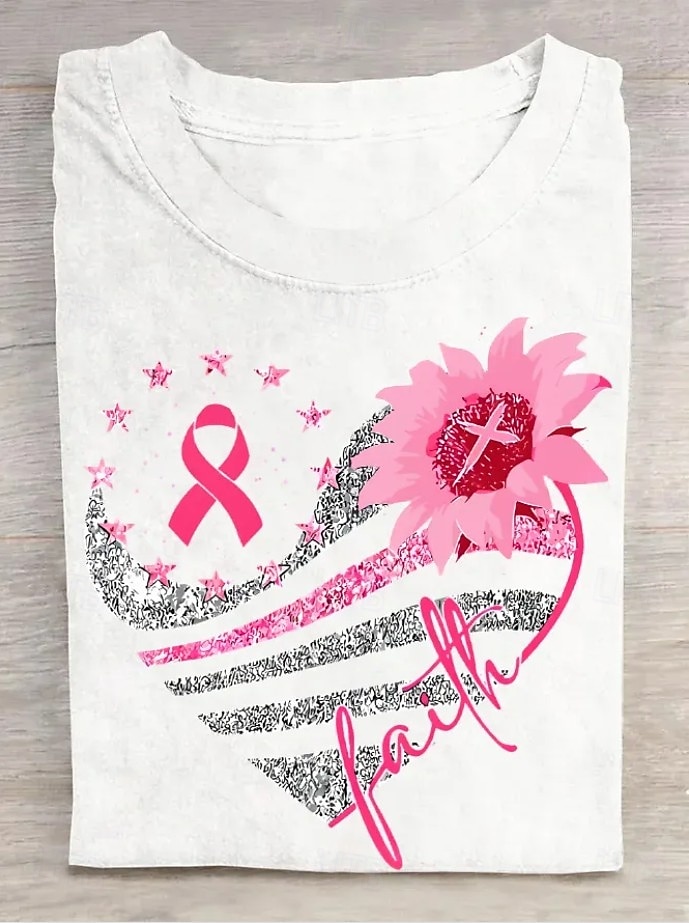 Pakiet raka piersi w październiku nosimy różową damską koszulkę z grafiką roślinną, stylową, klasyczną, z krótkim rękawem, okrągłym dekoltem, regularną, codzienną, weekendową 2025 - $21.99 –P4