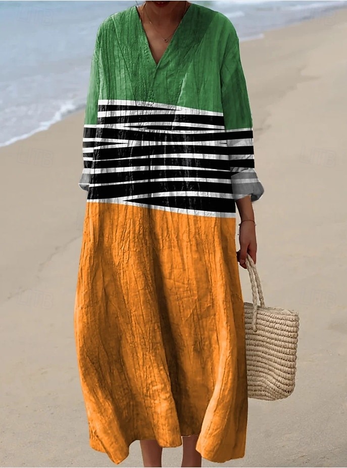 Dam Maxiklänning Solklänning A linjeklänning Semester Ledigt Boho Utekväll Strand Lös passning Grafisk Geometrisk Långärmad V-hals Gul Ljusbrun Blå Orange Sommar Vår Höst 2025 - $35.99 –P5