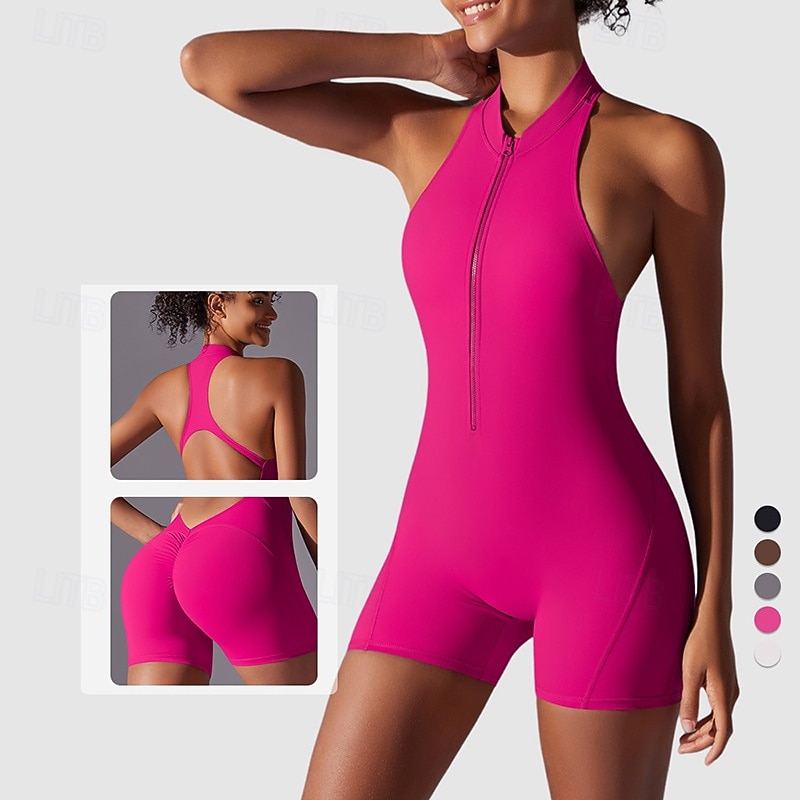 Damen Scrunch Yoga-Strampler Trainingsoveralls Reißverschluss Rückenfrei Einfarbig Bodysuit Sommer Dunkelgrau Schwarz Fitnesstraining Volleyball Laufen Hohe Taille Bauchkontrolle Elastisch 2026 - $27.99 –P1