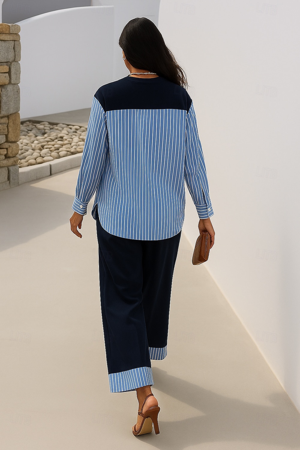 Femmes Élégant ancien Quotidien Ensembles de Pantalons manche longue Col rond Rayé Patchwork Vacances Travail Occasionnel Bleu Printemps Coupe Ample de 2025 ? $52.99 –P2