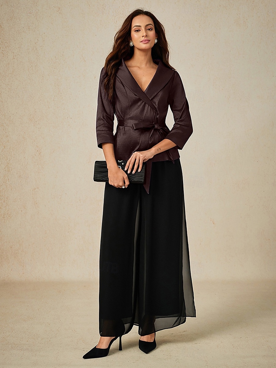 Femmes Chemisier Hauts de soirée Élégant Métallique Moderne Manche 3/4 Col en V Hauts Réguliers robe demoiselle d honneur Soirée Semi-Formel Nœud devant Marron Printemps, Automne, Hiver, Été de 2025 ? $79.99 –P5