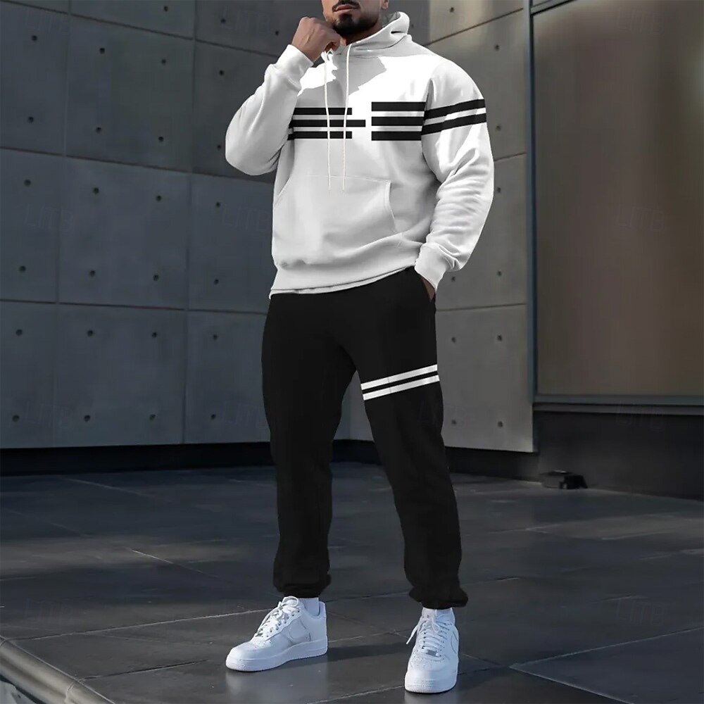 Men's Color Block Striped 2pcs 3D Sweatshirt Sets Tracksuit Hoodie Sweatshirt Long Sleeve Long pants Hooded Sporty Casual Daily Athleisure 3D Print Spring Fall Winter White 2025 - $39.99 –P1
