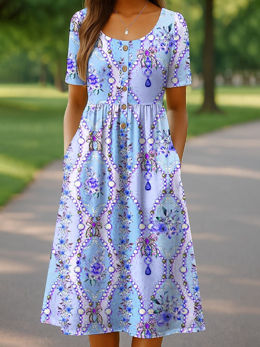 Per donna Abito Midi Vestito Casual Vestito Estivo Abito a trapezio Abito Estivo Vacanza Casual Spiaggia Ferie Vestibilità comoda Floreale Grafico Manica Corta Girocollo Rosa Blu Viola Verde Estate del 2025 a $36.99 –P5