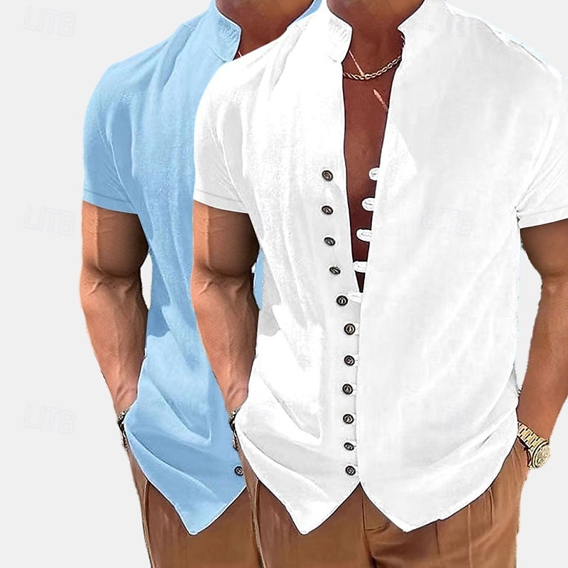 Homme Chemise en lin Chemise d'été Tenue de plage Chemise Boutonnée Uni Vacances Croisière Blanc + kaki Kaki + Noir Vert + Kaki Noir + blanc Manche Courte Col montant Été Printemps & Été Vêtement de 2026 ? $29.99 –P11
