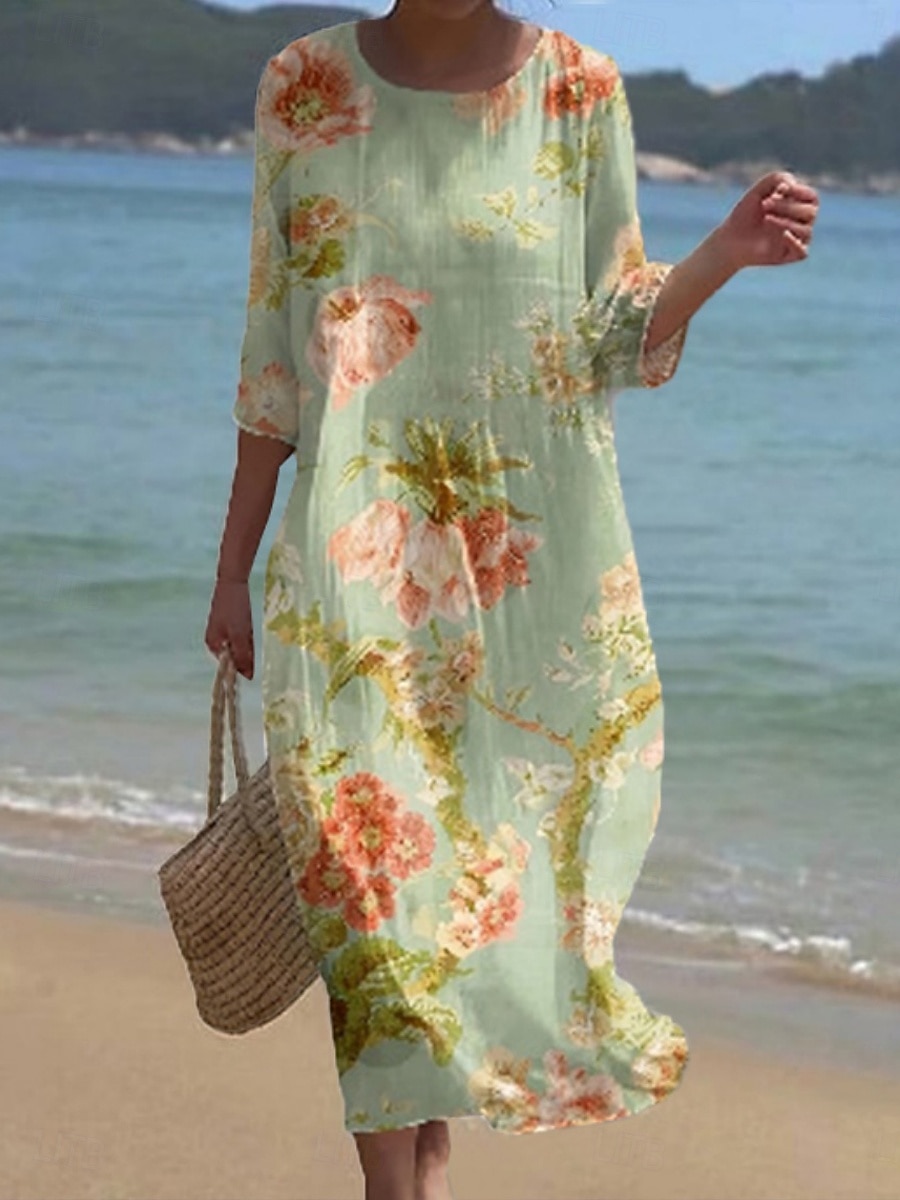 Women's Midi Dress Casual Dress Print Dress Fashion Modern Daily Beach Weekend Regular Fit Floral 3/4 Length Sleeve Crew Neck White Pink Green Spring Fall Autumn 2026 - $34.99 –P3