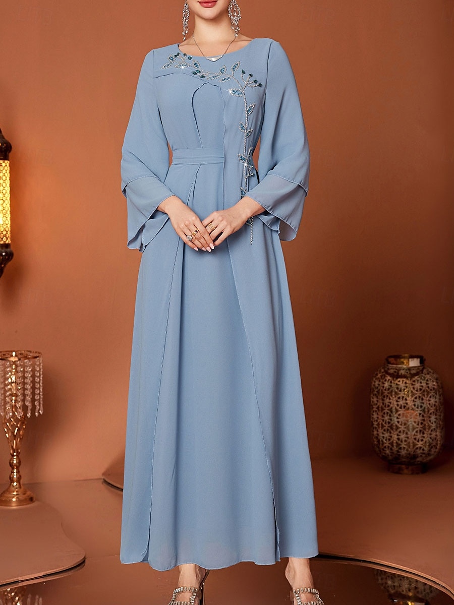 A-Line Mor til Bruden Kjole Elegant V Utringning Gulvlengde Chiffon Lang Erme med Belte Bånd Krystaller 2025 - $119.99 –P3