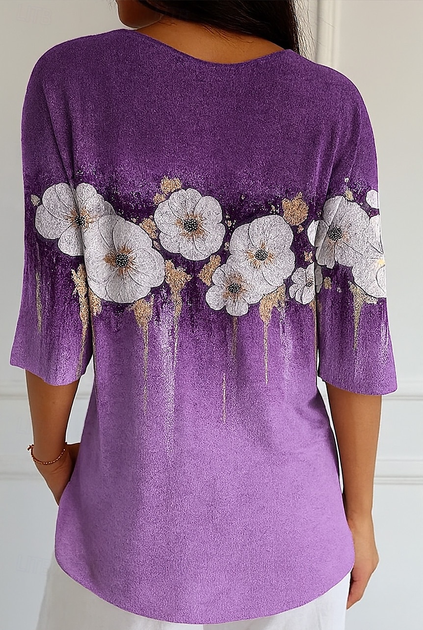 Dame Bluse Blomstret Grafisk Årgang Tropisk Stilfull 3/4 ermer V-hals Vanlige topper Daglig Blå Lys Lilla Lilla Sommer Vår Høst 2025 - $25.99 –P3