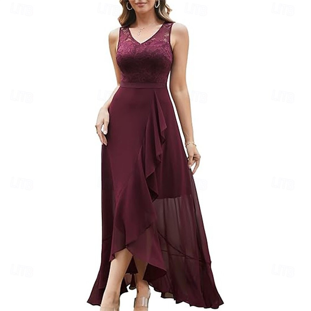 A-Linie Brautmutterkleid Elegant V Ausschnitt Asymmetrisch Chiffon Ärmellos mit Einfarbig 2025 2025 - $109.99 –P9