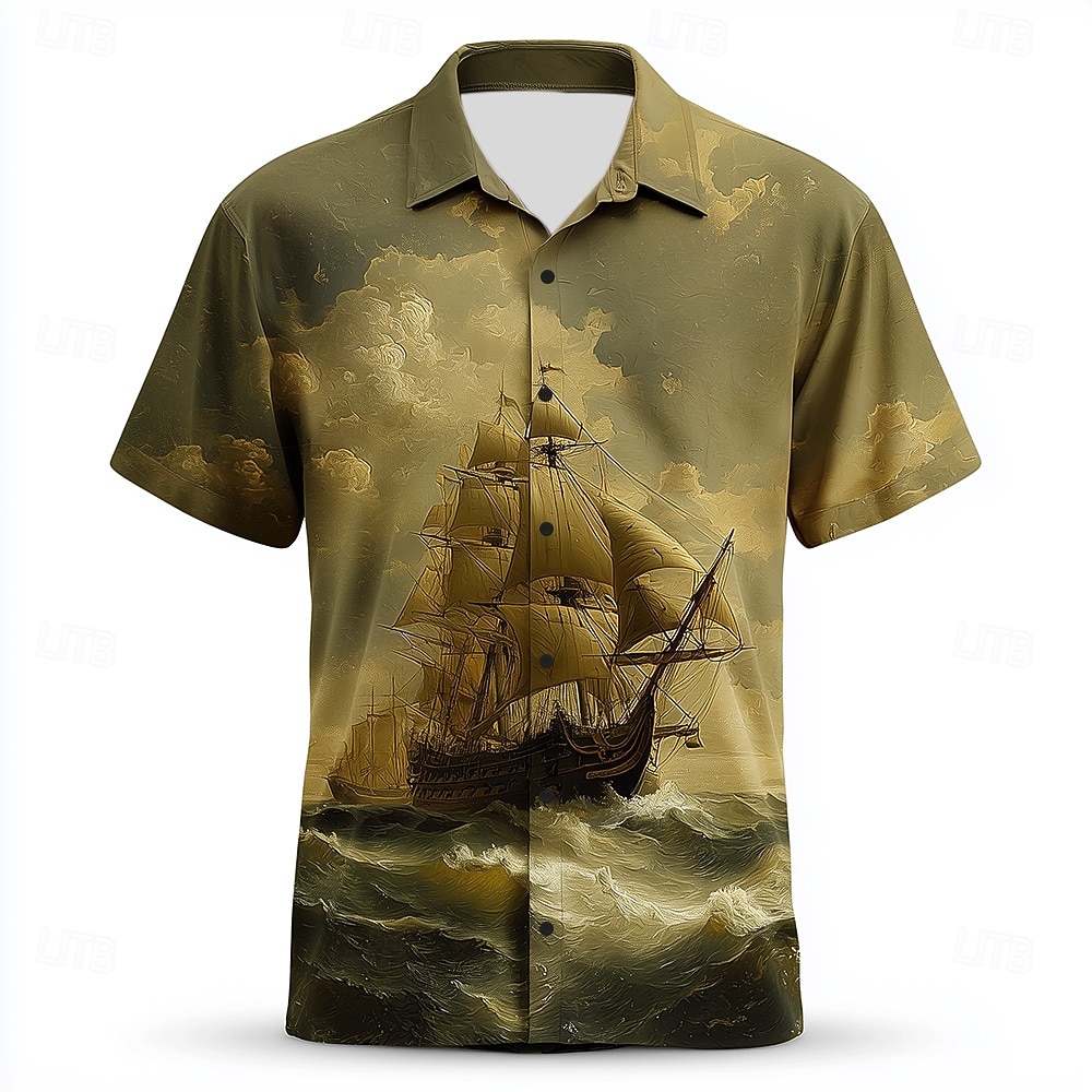 Miesten Merellinen Pilviä Purjevene Paita Kesä paita Button Up paita Lyhythihainen Vintage retro ulko- Loma Arkikäyttö Kesä Kevät Sänkyjen avaus 3D-tulostus kauluspaidat Oliivi 2026 - $25.99 –P1