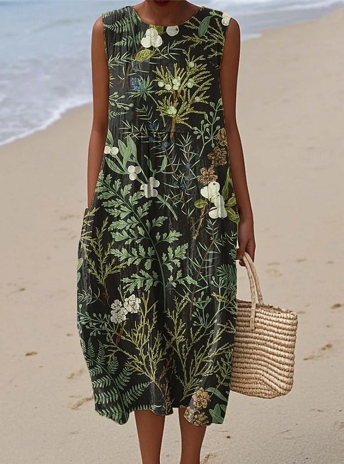 Women's Midi Dress Linen Like Sundress Shift Dress Vacation Casual Boho Party Beach Floral Graphic Sleeveless Crewneck Black Green Blue White Pink Red Summer Spring 2026 - $16.49 –P5