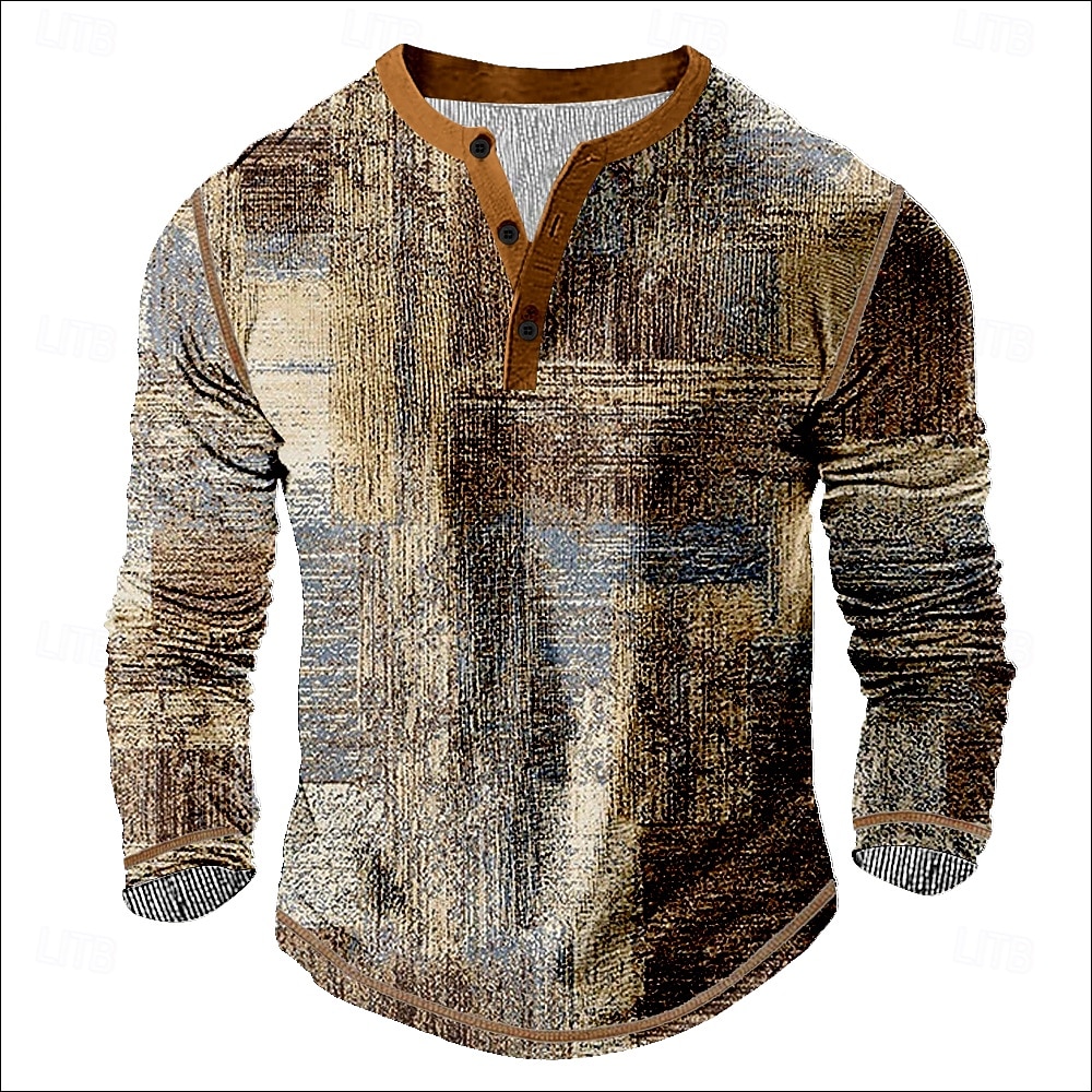 Herr Grafisk Henleytröja T-shirts Långärmad Vintage Mode Designer Ledigt Dagligen Utomhus Vår & Höst Alla årstider Brun Grön Mörkblå Purpur Henley Henley T-shirt 2026 - $22.99 –P4