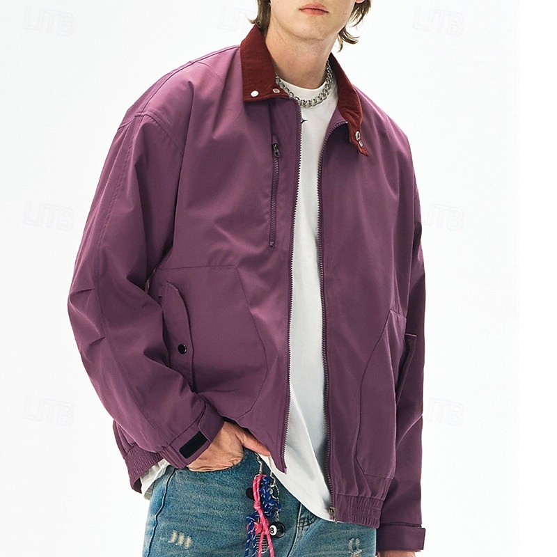 Men's Lightweight Jacket Cargo Jacket Casual Jacket Vacation Daily Windproof Windbreaker Pocket Fall Winter Plain Fashion Classic Stand Collar Regular Black White Purple Green Jacket 2025 - $51.99 –P2