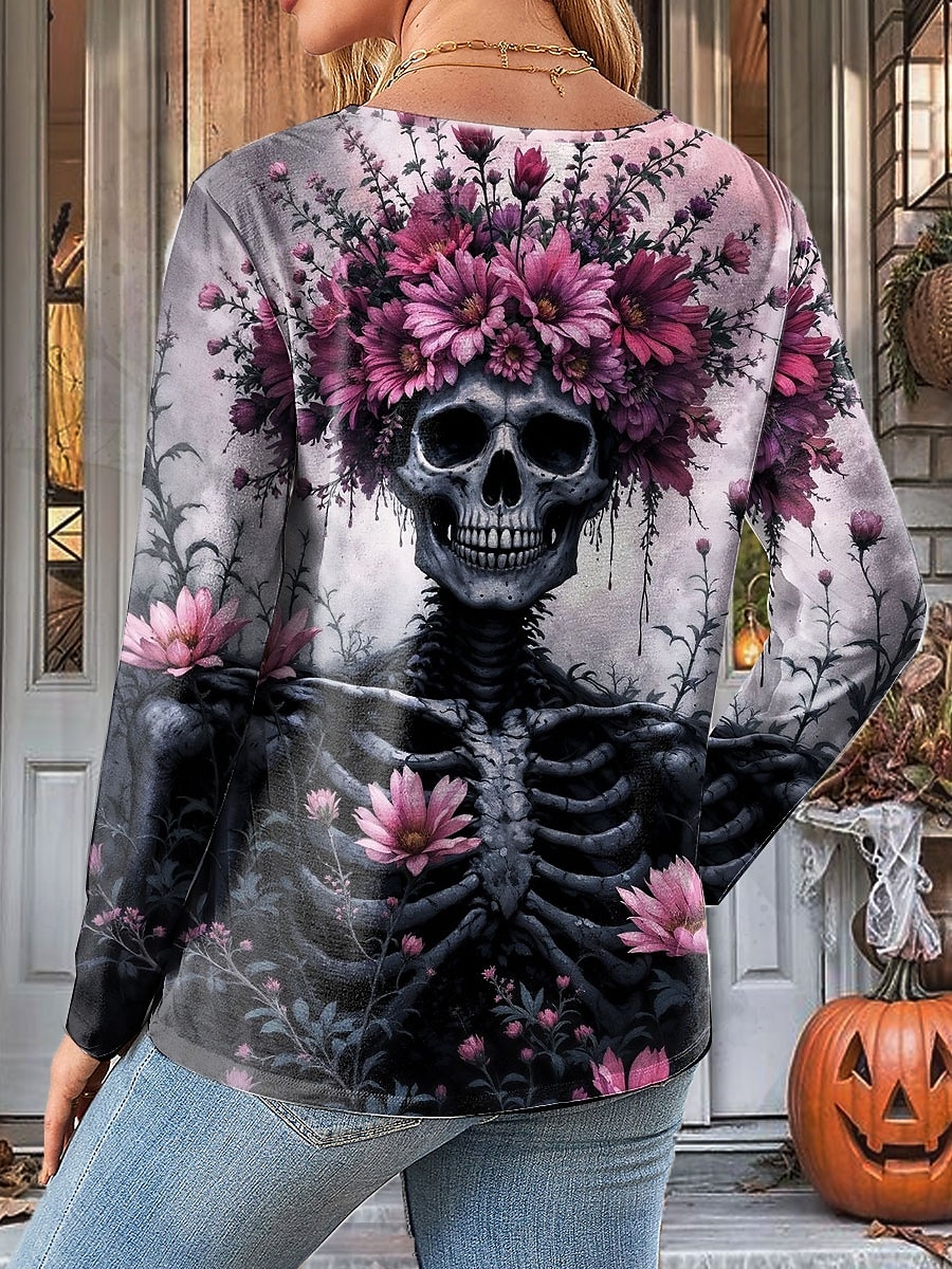 Halloween Dame T skjorte Blomstret Grafisk Hodeskaller Årgang Mote Stilfull Langermet Crew-hals Vanlige topper Daglig Trykt mønster Rosa Lilla Oransje Grønn Sommer Vår Høst 2025 - $22.99 –P2
