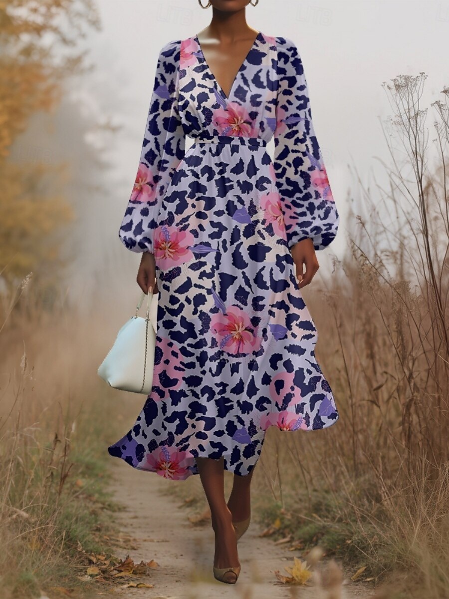 Damen Midikleid Freizeitkleid Chiffon Schwingkleid Modern Urlaub Täglich Wochenende Normale Passform Blumen Leopard Langarm V Ausschnitt Purpur Dunkelviolett Grau Sommer Frühling Herbst 2025 - $31.99 –P5