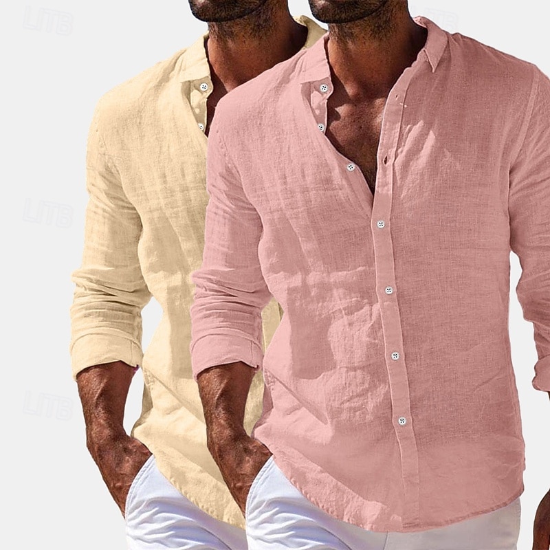 Herren Hemd Leinenhemd Sommerhemd Strandbekleidung Knopfhemd Einfach Urlaub Lässig Weiss + Rosa Marineblau + Grau Grün+Khaki Blau+Marineblau Langarm Umlegekragen Sommer Frühling Bekleidung Rein 2025 - $27.99 –P10