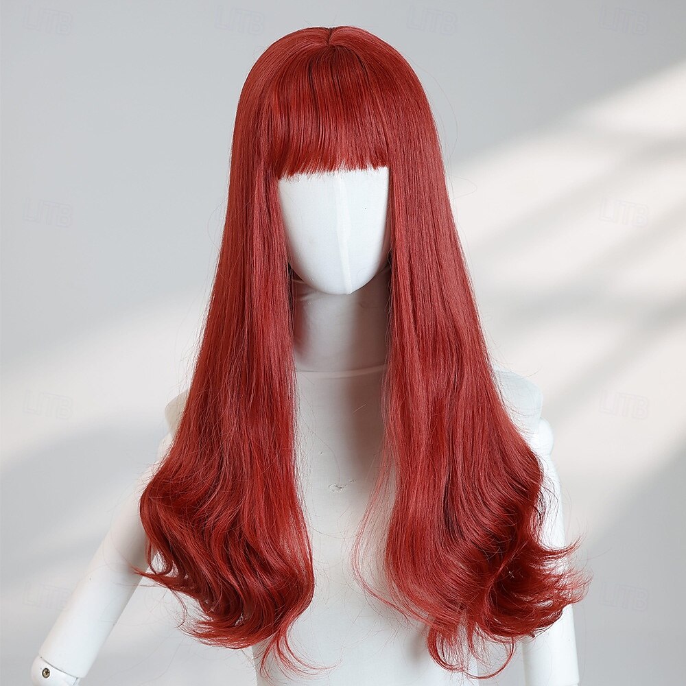 Peluca ondulada roja de 24 pulgadas para mujer: flequillo completo, cabello largo sintético resistente a altas temperaturas, perfecta para disfraces de Halloween. &looks de fiesta 2025 - $30.99 –P3