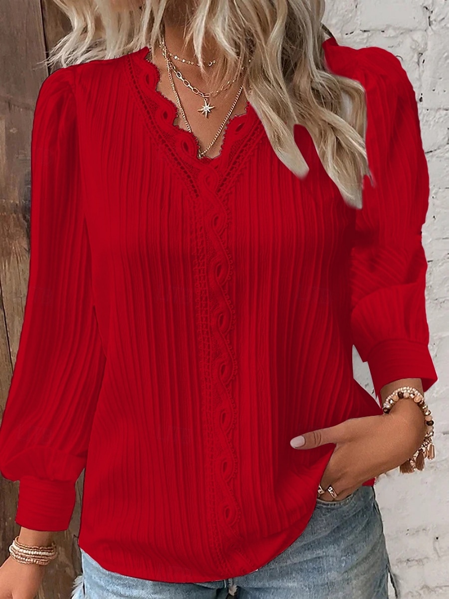 Damen Spitzenbluse Einfarbig Elegant Stilvoll Basic Langarm V Ausschnitt Normale Oberteile Täglich Spitze Patchwork Weiß Rote Purpur Orange Grün Sommer Frühling Herbst 2025 - $22.99 –P4
