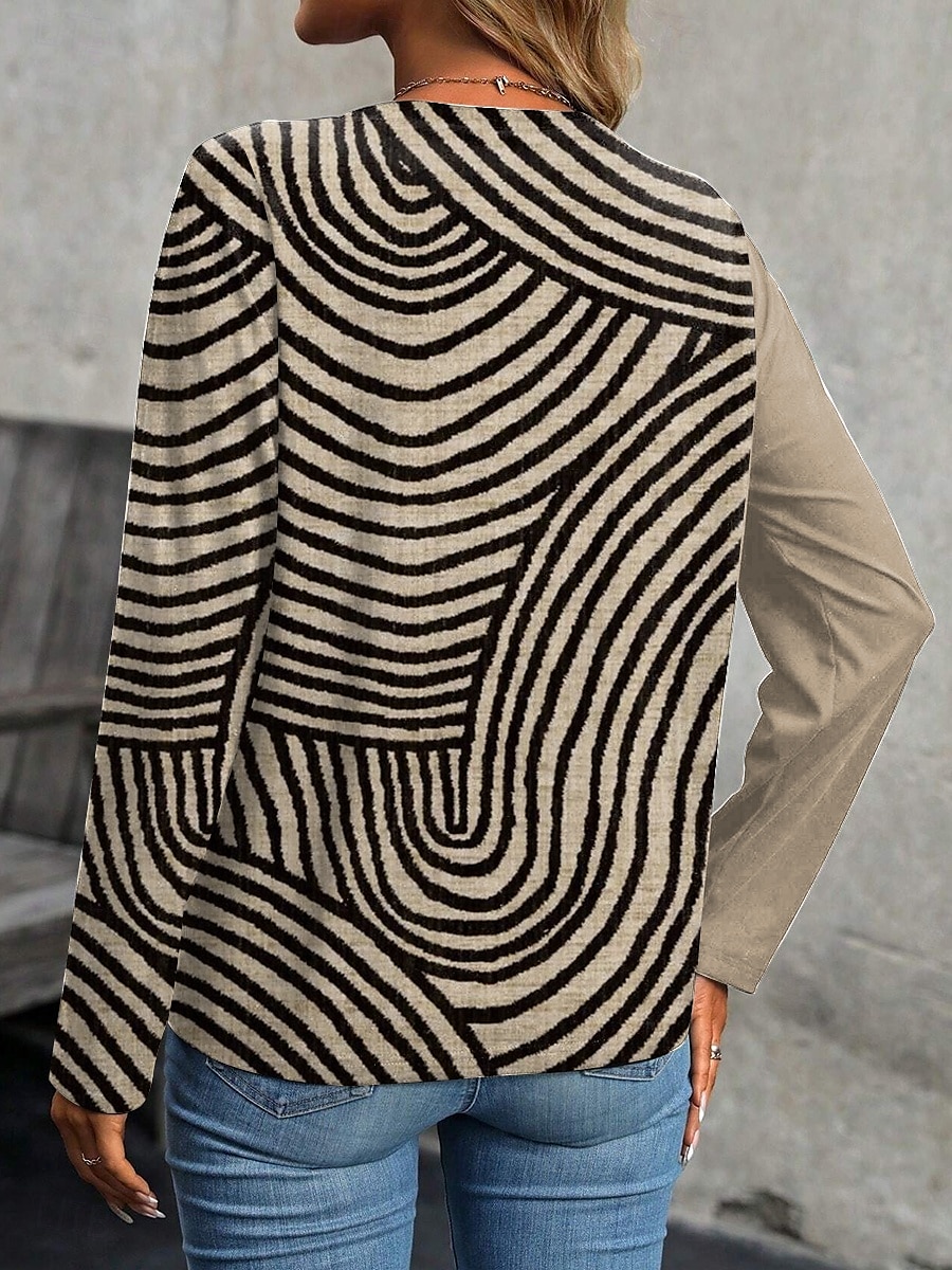 Per donna Maglietta Grafico Geometrico Moda Casual Manica Lunga Scollo a V Top Regolari Quotidiano Patchwork Bottoni Stampato Nero Marrone chiaro Cachi Primavera Autunno Inverno del 2025 a $24.99 –P3