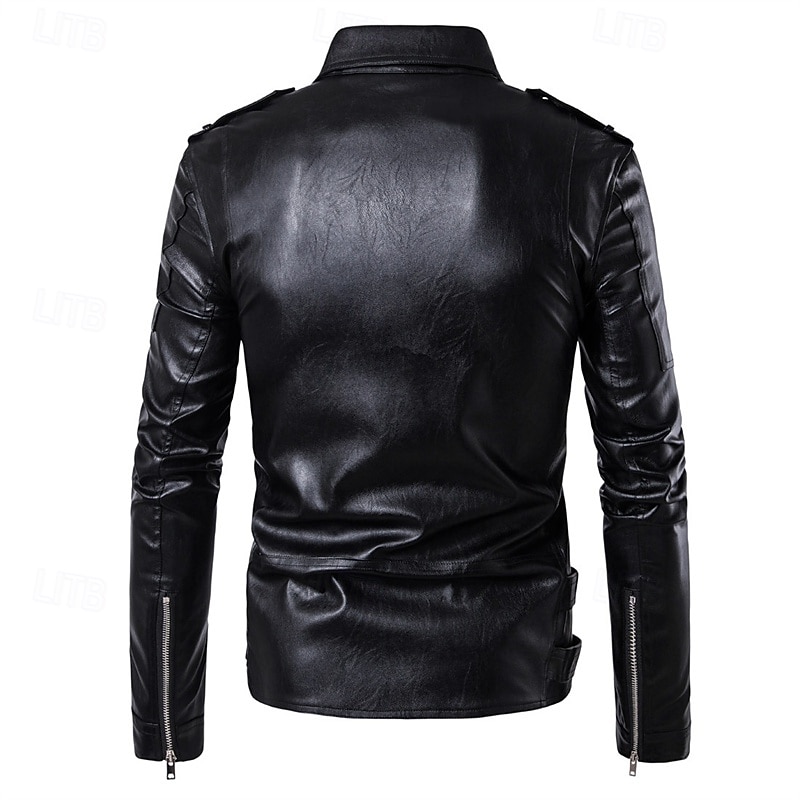 Voor heren Jas van imitatieleer Bikerjack Motorjas Vakantie Dagelijks Winddicht Houd Warm Zak Herfst Winter Effen Modieus Klassiek Revers Normaal Zwart Jacks 2026 - $57.99 –P3
