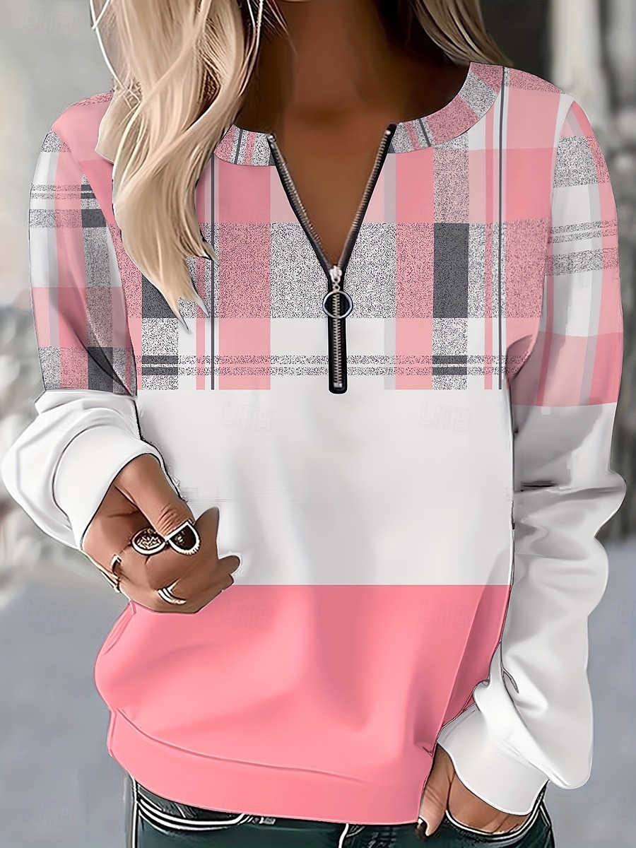 Damen Pullover Sweatshirt Sweatshirts mit Reißverschluss Grafik Karomuster Mode Lässig Langarm Rundhalsausschnitt Normale Oberteile Straße Alltagskleidung Reißverschluss Druck Rosa Herbst Winter 2025 - $27.99 –P1