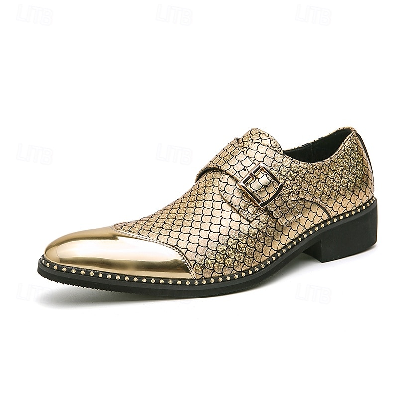 Scarpe da uomo con fibbia in oro metallizzato e cinturino alla caviglia – scarpe eleganti da festa con dettagli borchiati per eventi alla moda del 2025 a $46.99 –P1