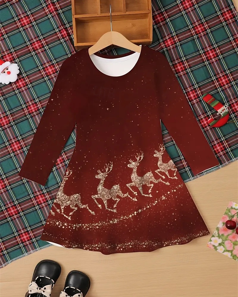joulu Tyttöjen 3D Hirvi Lumihiutale Mekko Pitkähihainen Kesä Kevät Loma Päivittäin Pyhäpäivä Prinsessa Kaunis Makea Lapset 4-12 vuotta Rento mekko A linjainen mekko Polvipituinen Normaali 2025 - $16.99 –P7